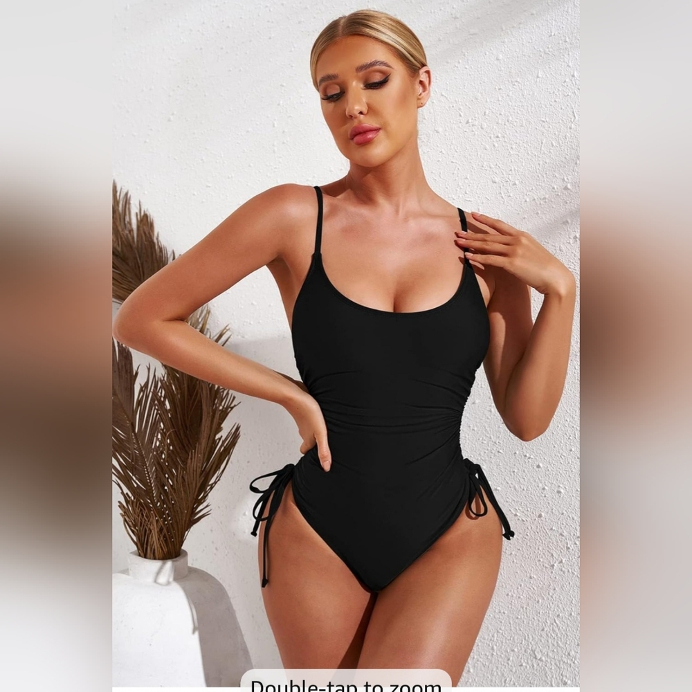 Black One-Piece Swimsuit with Adjustable Sides